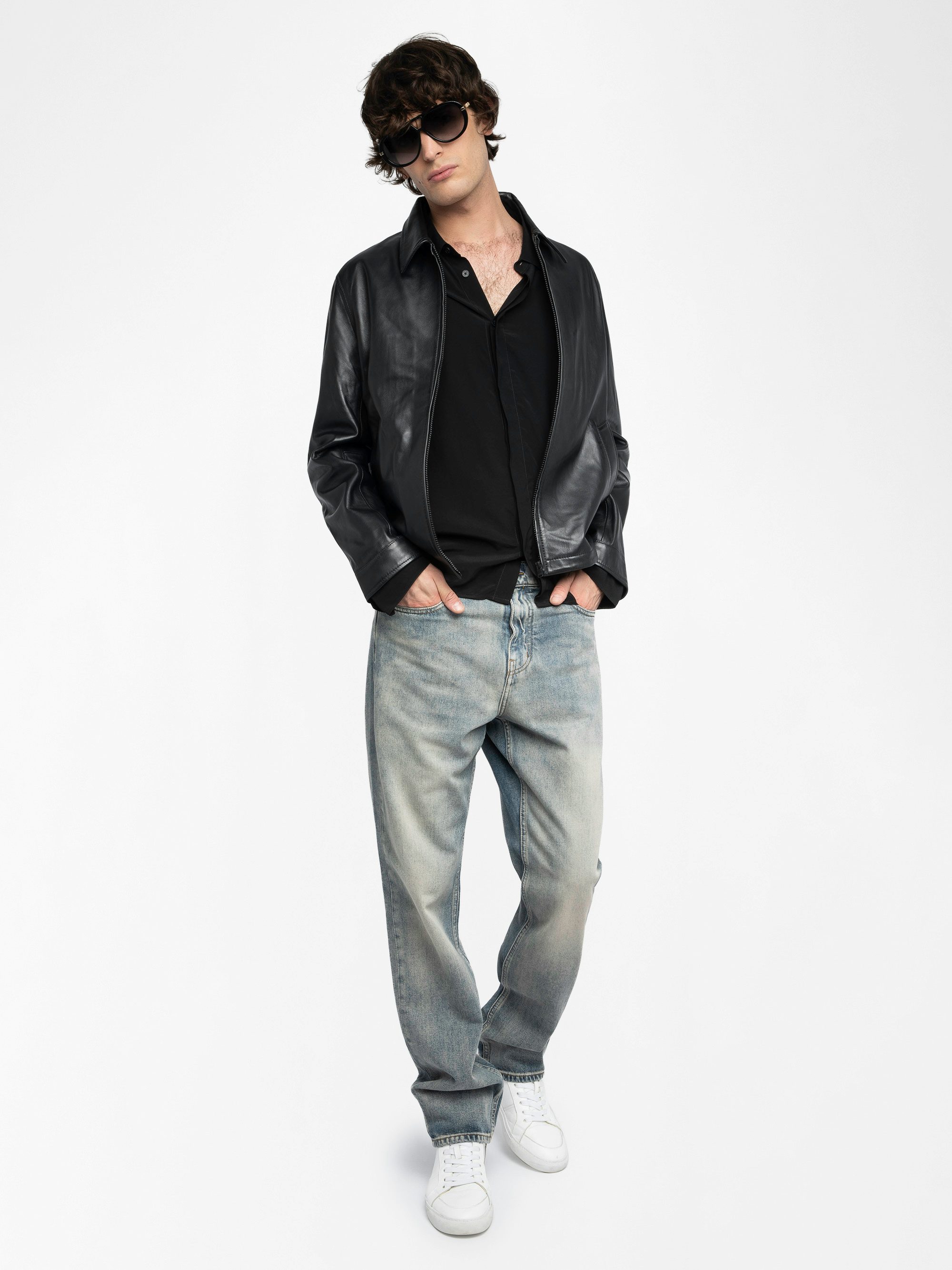 Loumy Leather Jacket - Sleek zip-up jacket in smooth leather with piped pockets and embossed wings signature on the back.